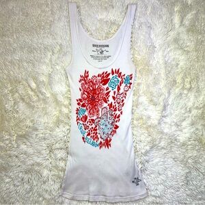 True Religion Floral & Hearts White Tank Top